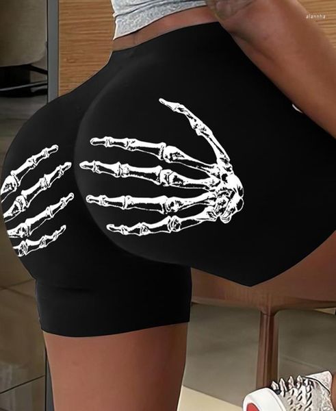 Pantalones cortos con estampado de manos de esqueleto de Halloween para mujer, pantalones cortos informales de cintura alta, parte inferior negra elegante 2023