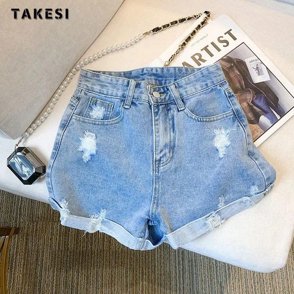Pantalones cortos de mujer Harajuku dulce cintura alta rasgado azul Denim moda Casual Sexy Slim Fit Y2K Street Grunge Jean corto