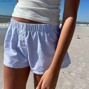 Shorts voor dames heziowyun dames y2k canfit vintage short knop voorkant casual elastische lage taille vlakte/streep geprinte lounge H240424