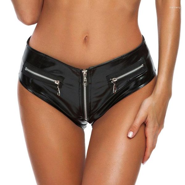 Shorts pour femmes taille haute String Faux PU culotte en cuir brillant pôle danse butin Micro Mini fermeture éclair courte entrejambe Clubwear sous-vêtements sexy