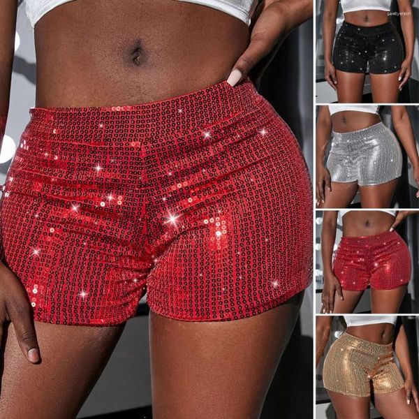 Shorts pour femmes Taille haute Paillettes brillantes Femmes Glittery Jambe droite Party Stage Performance Clubwear Pantalon court Stretch Discothèque Lâche