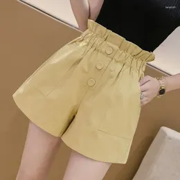 Pantalones cortos para mujer de cintura alta para mujer sueltos elásticos amarillos anchos con cinturón pantalones cortos de lujo para que las mujeres usen holgados estilo coreano casual