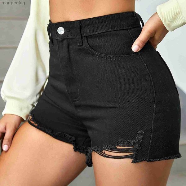 Pantalones cortos de mujer de cintura alta de mezclilla desgastada dobladillo rasgado para mujer pantalones vaqueros cortos de verano negro pantalones calientes bolsillos de botones femeninos Mujer 240329