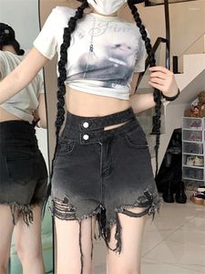 Short féminin High Waited Hollow Bouton Design Black Grey Denim Summer Irrégulet Mini Jeans Femme Pantalon de franges en lambeaux