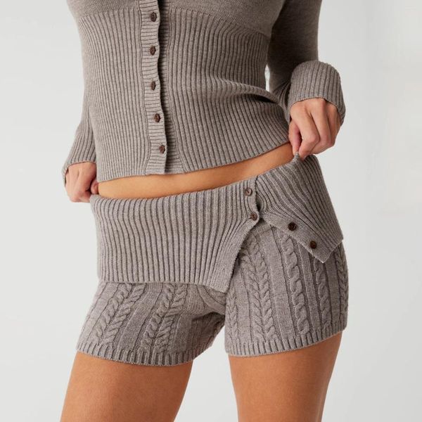 Shorts pour femmes Hirigin mode été pyjama décontracté couleur unie bouton manchette câble tricot salon extérieur bas