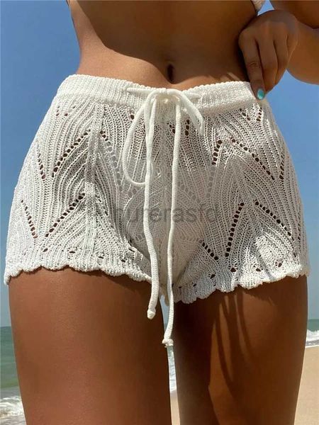 Shorts pour femmes creux de cordon de cordon élastique crochet en tricot de nage en tricot de natation femme Sumy Sexy Beach Holiday Cover Up Shorts 2023 D240426