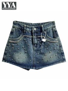 Dames shorts Hot Sexy Women Mini Denim Shorts Skirts A Line Diamonds High Taille Night Clubwear Short Jeans Summer Nieuwe Casual Crystal Shorts Y240420