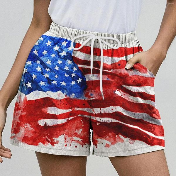 Pantalones cortos para mujer Día de la Independencia Mujeres Patrones de la bandera americana Casual Cordón Cintura elástica Pantalones cortos 4 de julio para mujer