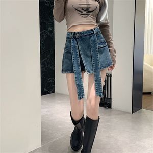 Shorts pour femmes conception irrégulière taille haute hanche Wrap Vintage bleu mini-jupe été Sexy ALine fille Jean jupe courte femme 230222