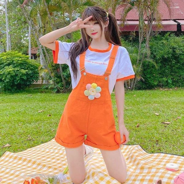 Pantalones cortos de mujer Harajuku japonés mono naranja para mujer chica verano Kawaii lindo mono con tirantes vacaciones ropa de vacaciones para adolescentes