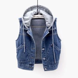 Shorts Pour Femme Jeans Nouveau Denim Gilet Femmes Printemps Automne Vêtements Sans Manches Sauvage Hauts Court À Capuche Veste Femmes Denim Jeans Vest Jacket Female