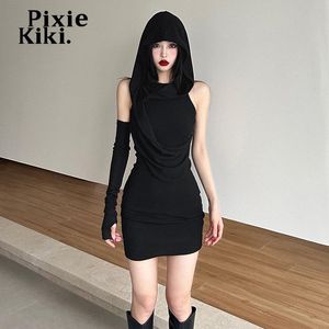 Shorts pour femmes Jeans Pixiekiki asymétrique une manche à capuche robes courtes pour femmes Y2k fille sexy robe moulante noire Goth Streetwear P71cd22