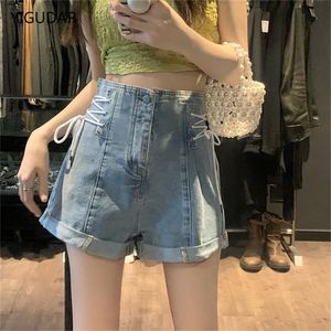 Women's Shorts Jeans Sexy de verano para mujer, pantalones cortos de mezclilla 2022, nuevos pantalones vaqueros cortos rasgados de cintura alta azul para mujer, pantalones vaqueros ajustados con cordones y borlas para mujer