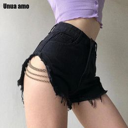 Jeans Unua Amo chaîne Shorts femmes taille haute jean court Femme été Sexy évider déchiré gland Denim Shorts Streetwear 2023 nouveau