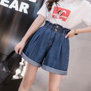 Damesshorts Jeans Zoki Grote maat dames denim shorts Elastisch Hoge taille Losse Koreaanse korte jeans Mode Casual knoop Blauw Wijde pijpen shorts 5XL