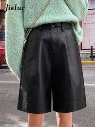 Short femme Jielur mode cuir Pu femmes automne hiver Bermudes taille élastique ample cinq Points pantalon S-4XL taille Y2302