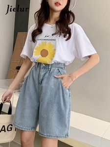 Dames shorts Jielur Woman Wide Legs High Taille Blue Knie-Lenght denim shorts Casual vrouwelijke los fit jeans vintage dames Bermuda shorts 230306