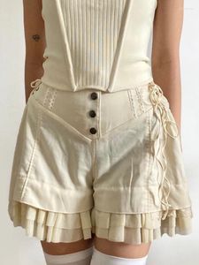 Damesshorts Kalevest Esthetisch Effen Hoge taille Losvallend 2024 Zomer Dames Ruches Stiksels Ontwerp Sense Tie Zoet meisje Straatkleding