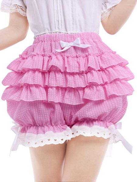 Shorts pour femmes Kawaii Bloomers Summer Lace Trim Layered Ruffle Bowknot Taille élastique Pantalon court pour adolescentes Lolita JK Y2K