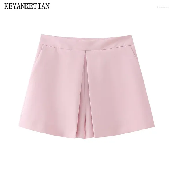 Shorts Femmes Keyanketian 2024 Lancement Rose Jupes plissées Summer Back Zipper Taille haute Une ligne Pantalon court à jambe large Pantalon