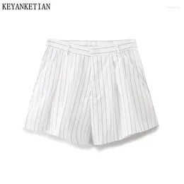 Dames shorts keyanketian 2024 lancering gestreepte mode eenvoudig casual zip-up met hoge taille zakken wijd been broek