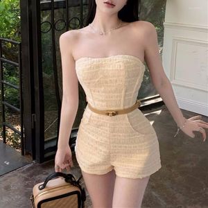 Dames shorts Koreaanse solide kleur Casual Tweed Wide been vrouwen 2023 zomer off-shoulder sexy slanke jumpsuit met riem