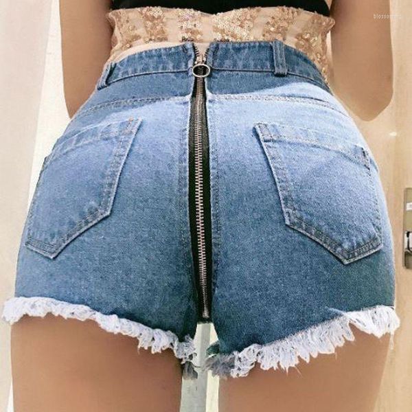 Pantalones cortos de mujer Versión coreana de pantalones de mezclilla Súper cortos Discoteca Sexy Cintura alta Rasgada Cremallera trasera picante