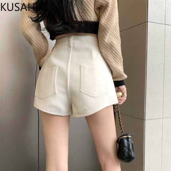 Shorts pour femmes KUSAHIKI 2022 automne hiver nouvelle laine épaisse jambe large femmes taille haute mode coréenne élégant court Femininos bas Y2302