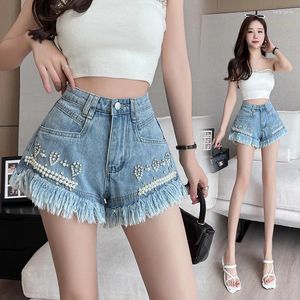 Short féminin dames décontractées sexy perles denim butin de chausson féminin filles filles hautes ouvreurs de jambes bordées de fourrure 7647