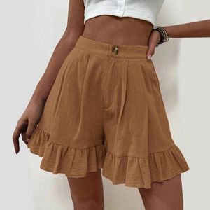 Shorts pour femmes dames couleur unie jambe large coton lin taille haute élastique lâche fermeture éclair bouton bois oreille Style de rue Sexy Y2k