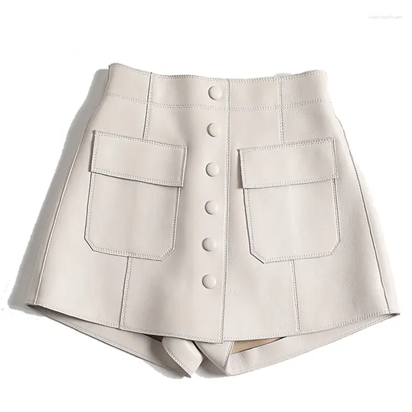 Pantalones cortos para mujer Falda de cuero para mujer 2024 Coreano Harajuku Cintura alta Bolsillo de un solo pecho Una línea Pantalones Lady White Casual Skorts