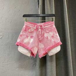 Dames shorts licht roze hoge taille liefdespatroon krullen gewassen gat denim shorts dames zomer losse brede poot broek dame korte Jean 230503