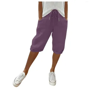 Shorts voor dames linnen voor vrouwen 2024 Trendy knie lengte trekstring elastische taille zomer casual gym met zakken met zakken