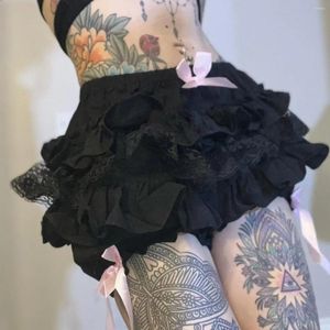 Pantalones cortos para mujeres lolita cortos negros para mujer linda adorno de encaje en capas timbales floridas chicas mediados de la mitad de la cintura y2k bownot frilly bragas