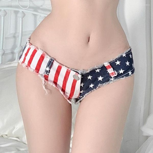 Pantalones cortos de cintura baja para mujer, Vaqueros sexis de verano 2023 para mujer, estampados de bandera americana, empalme, espalda en T, pantalones vaqueros súper cortos ajustados para mujer