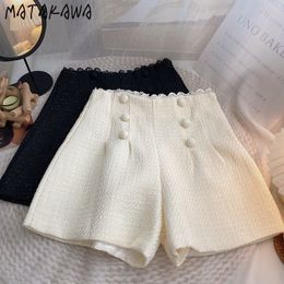 Dames shorts Matakawa High Taille Shorts Women's Tweed Autumn Solid Full Match Ropea Mujer Koreaanse mode knop A-lijn shorts Dames 230412
