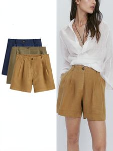 Shorts pour femmes MD été mode plissé lin couleur unie taille haute décontracté Allmatch navettage droit pantalon large 230608