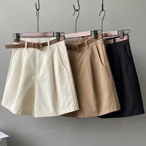 Dames shorts mexzt riem pure katoenen shorts vrouwen hoge taille wijd poot een lijn pak shorts kantoor dame solide losse casual alle match korte broek y240420