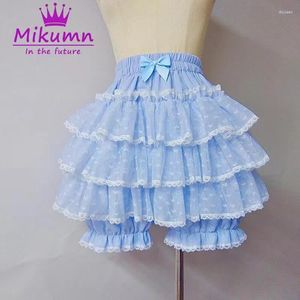 Damesshorts Mikumn Harajuku Kawaii Blauwe Ruches Pompoenbroek Dames Schattig Kant Strik Lolita Veiligheidskort Vintage Victoriaanse bloeiers