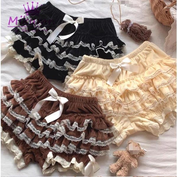 Pantalones cortos para mujeres Mikumn Harajuku Sweet Bow Lace Ruffles Pantalones de calabaza Mujeres Japonesas Y2K Girls Lindo Feos de peluche Lolita Jk Kawaii