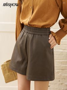 Pantalones cortos para mujer MISHOW PU cuero para mujeres otoño 2023 coreano cintura alta marrón oscuro streetwear pantalones cortos elásticos MXC44K0444