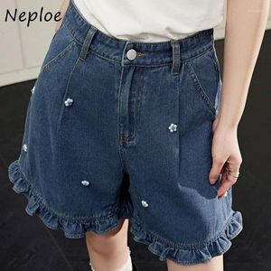 Dames shorts Neeple vintage blauwe denim voor vrouwen y2k hoge taille ruches kralen korte broek 2024 zomer losse wide been jeans