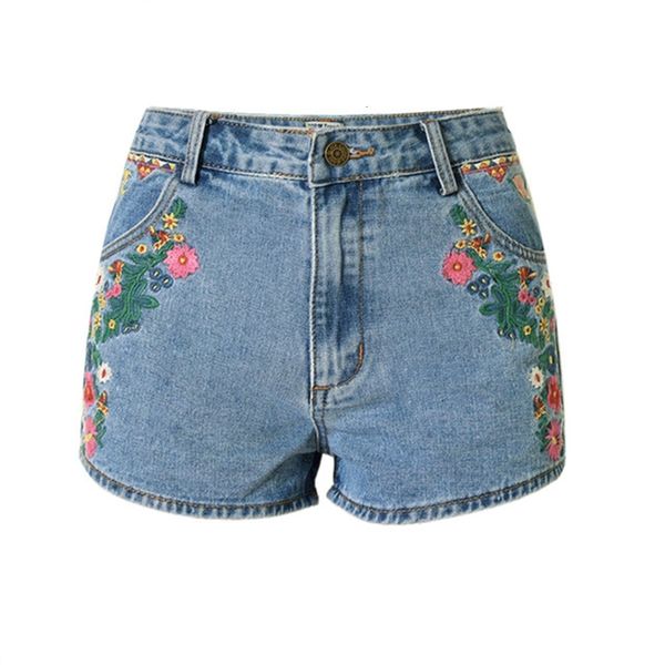 Shorts pour femme Nouveau short brodé de fleurs jean femmes style ethnique Vintage short taille haute mince décontracté boho bleu denim pour féminin 230420