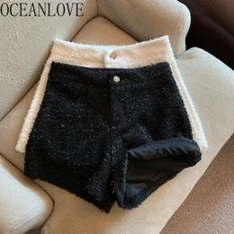 Shorts Femmes OCEANLOVE Tweed Femmes Solide Automne Hiver Tout Match Taille Haute Pantalon Coréen Casual Vintage Mujer Zipper Large Jambe 231016