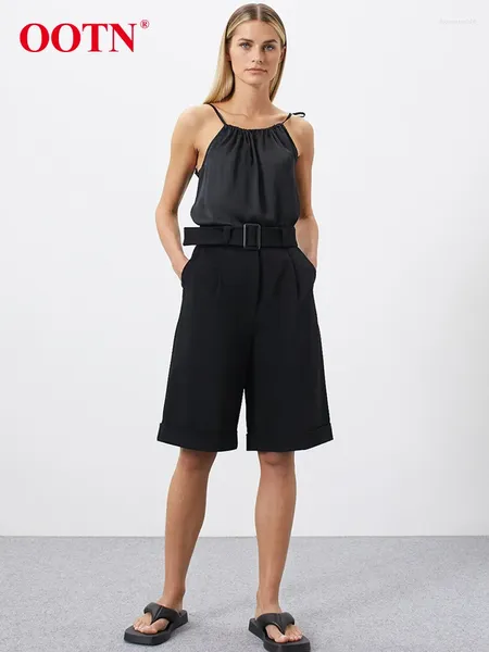 Shorts pour femme OOTN bureau dame noir Midi élégant taille haute plissé pantalon court femme été mode poches décontractées 2024