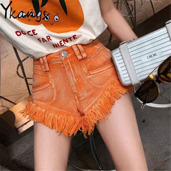 Shorts pour femmes Orange Tassel Patchwork Taille moyenne Poches Short en jean Sexy Gothique High Street Femmes Jeans courts Harajuku Wild Summer Clothing 230504