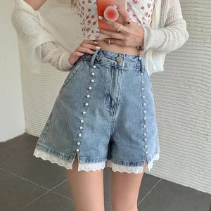 Shorts pour femmes surdimensionnés femmes denim été taille haute perles dentelle patchwork fente a-ligne pantalon large jambe s-5xl