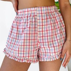 Dames shorts roze plaid print pyjama casual elastische los fit button lounge kawaii ruches bokser fee y2k streetwear