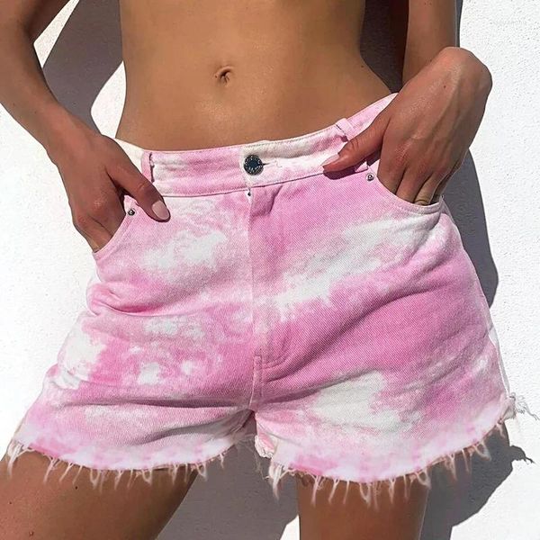 Pantalones cortos para mujer, color rosa, teñido anudado, moda de primavera y verano, ropa vaquera Sexy elástica informal con personalidad rasgada con flecos