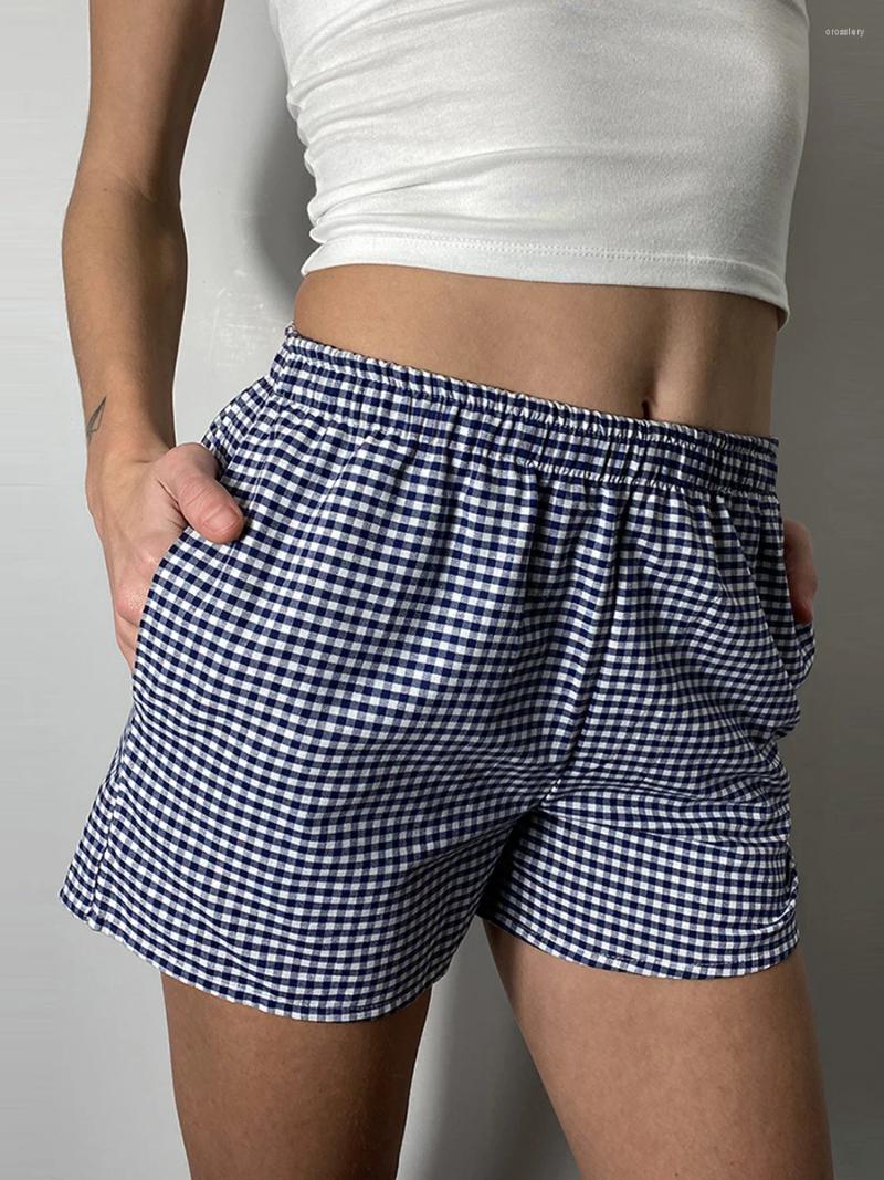 Shorts femininos xadrez para mulheres casuais pijama verão cintura elástica boxer sleepwear